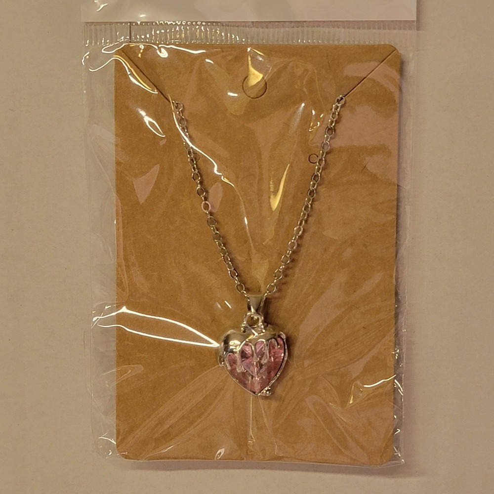 Love Melting Pink Heart Cubic Zirconia Silvertone Pendant Chain Necklace